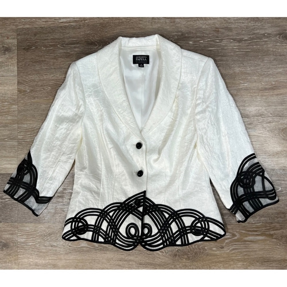 Adrianna Papell Evening Womens Sz 10 Metallic Ivory Black Soutache Blazer Jacket - Picture 8 of 12